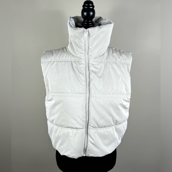 Beige Crop Puffer Vest Cropped Zip Up Down Quilted Jacket Neck Padded Airport 25 - Picture 1 of 17